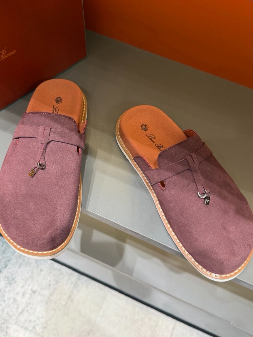 Loro Piana Suede Charms Mules Mauve Purple Slip On Clogs Flat Shoes
